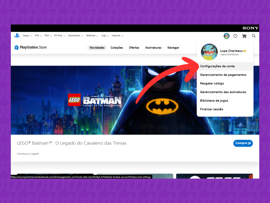 Clicando no avatar da PSN para acessar as Configurações da Conta