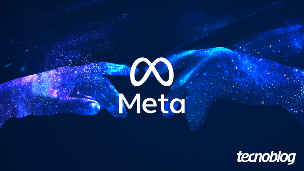 Ilustração com logo da Meta ao centro. Ao fundo, a imagem de duas mãos com os dedos indicadores se tocando. Na parte inferior direita, está o logo do Tecnoblog.