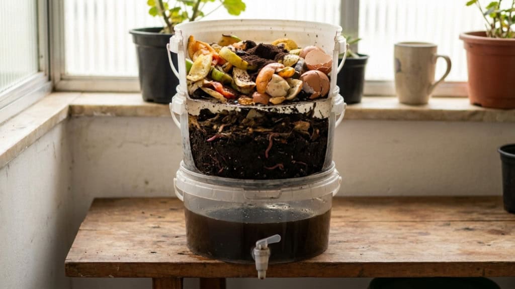 Composteira doméstica feita com balde de tinta reciclado transforma lixo orgânico em adubo em 30 dias, e cabe embaixo da pia