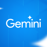 Marca do Gemini em cores claras, num fundo azul. Na parte superior direita, o logotipo do 