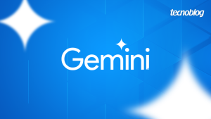 Marca do Gemini em cores claras, num fundo azul. Na parte superior direita, o logotipo do 