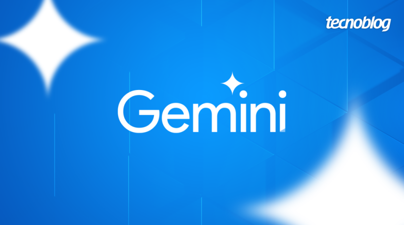 Marca do Gemini em cores claras, num fundo azul. Na parte superior direita, o logotipo do