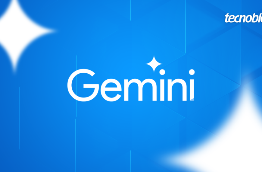 Marca do Gemini em cores claras, num fundo azul. Na parte superior direita, o logotipo do 