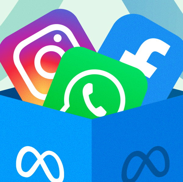 Ilustração com os ícones de WhatsApp, Instagram e Facebook inseridos numa caixa com a marca da Meta