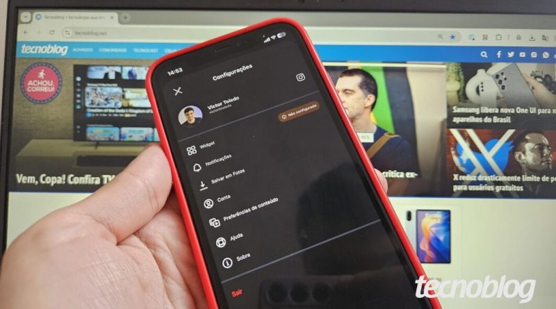 Tela que mostra a página de configurações do Instants do Instagram, com o Tecnoblog ao fundo