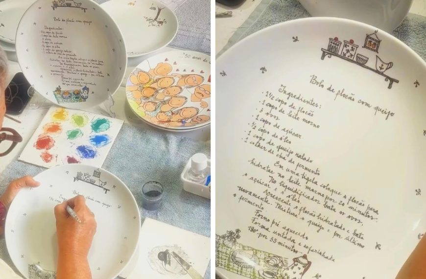 Aos 70 anos, artista plástica de MG viraliza com pintura de receita de bolo em prato de porcelana: ‘Afeto e história’