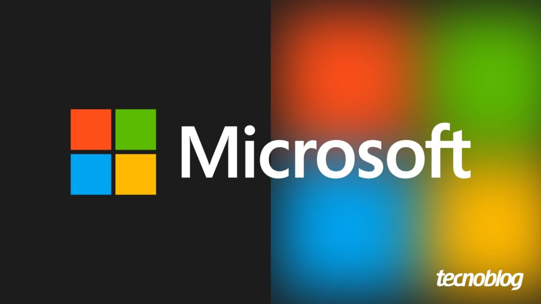 Arte com o logo da Microsoft ao centro. Na parte inferior direita, o logotipo do